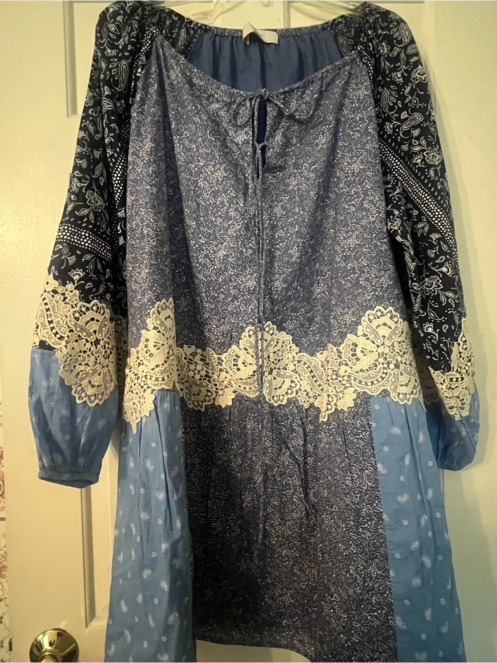 Loft Blue Boho Lace Trim Peasant mini Dress cottage poplin balloon sleeve L cos - Picture 4 of 13